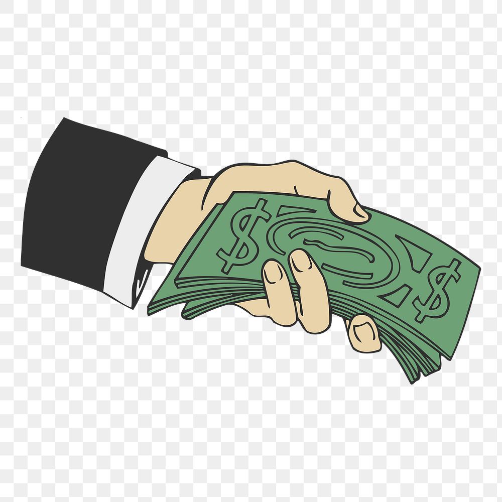 Hand holding png money sticker, finance illustration, transparent background. Free public domain CC0 image.