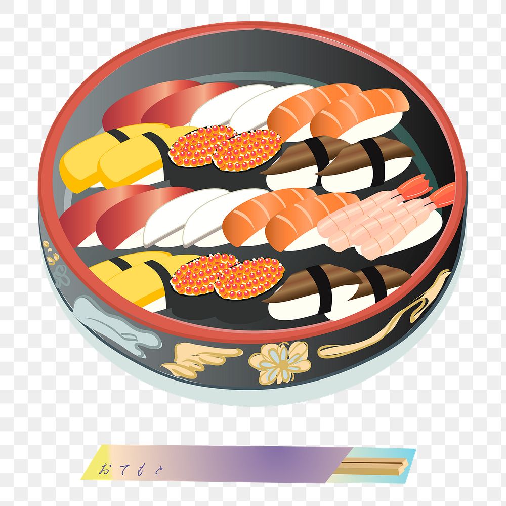 Sushi platter png sticker, Japanese food illustration, transparent background. Free public domain CC0 image.