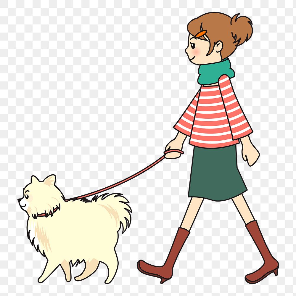 Png woman walking dog sticker, daily routine illustration, transparent background. Free public domain CC0 image.