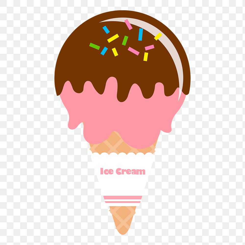 Strawberry ice-cream png cone sticker, cute dessert illustration, transparent background. Free public domain CC0 image.