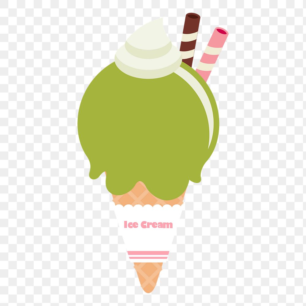 Green ice-cream png cone sticker, cute dessert illustration, transparent background. Free public domain CC0 image.