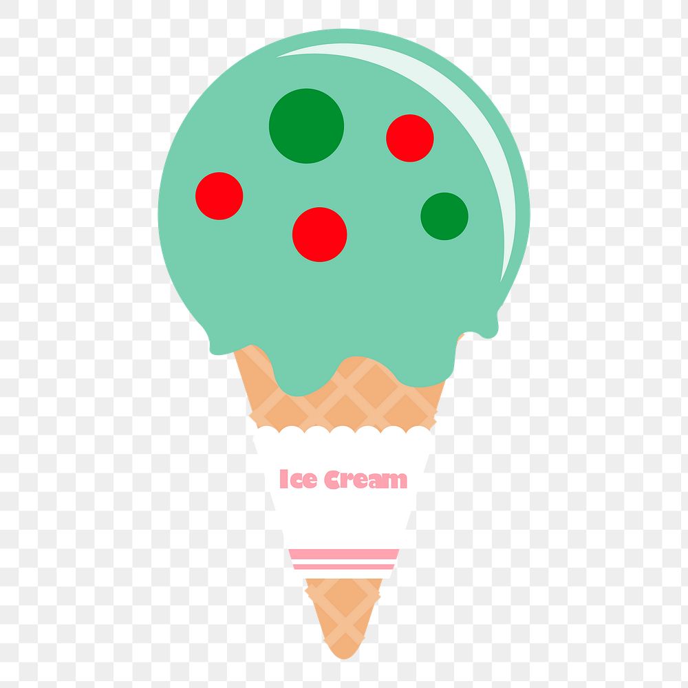 Green ice-cream png cone sticker, cute dessert illustration, transparent background. Free public domain CC0 image.