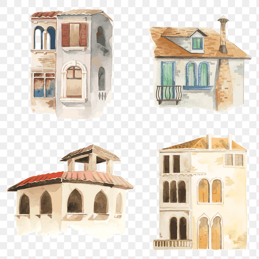Png vintage European architecture watercolor illustration collection