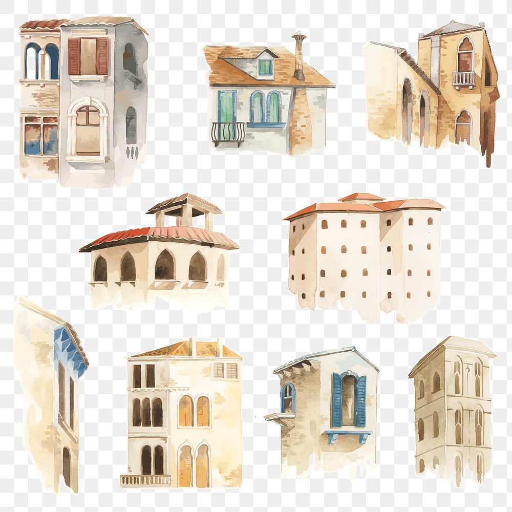Png vintage European building watercolor architectural illustration set