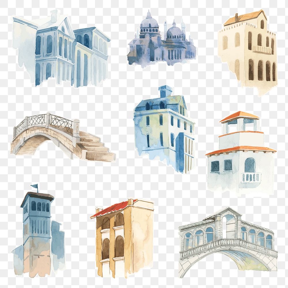 Png vintage European architecture watercolor illustration collection hand drawn 
