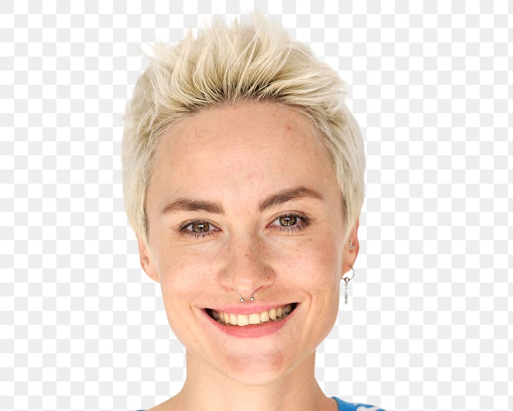 Short hair woman png transparent, smiling face portrait
