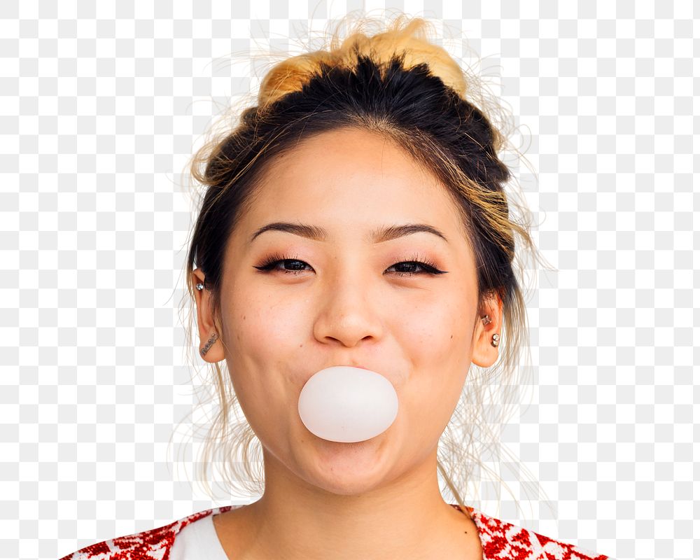 Woman png transparent, blowing bubblegum with cheerful face portrait