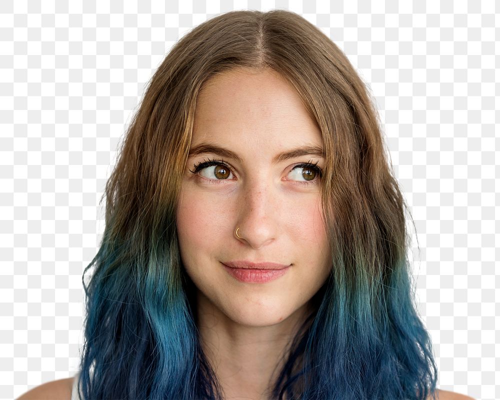 Young woman png transparent, stylish blue hair with smiling face