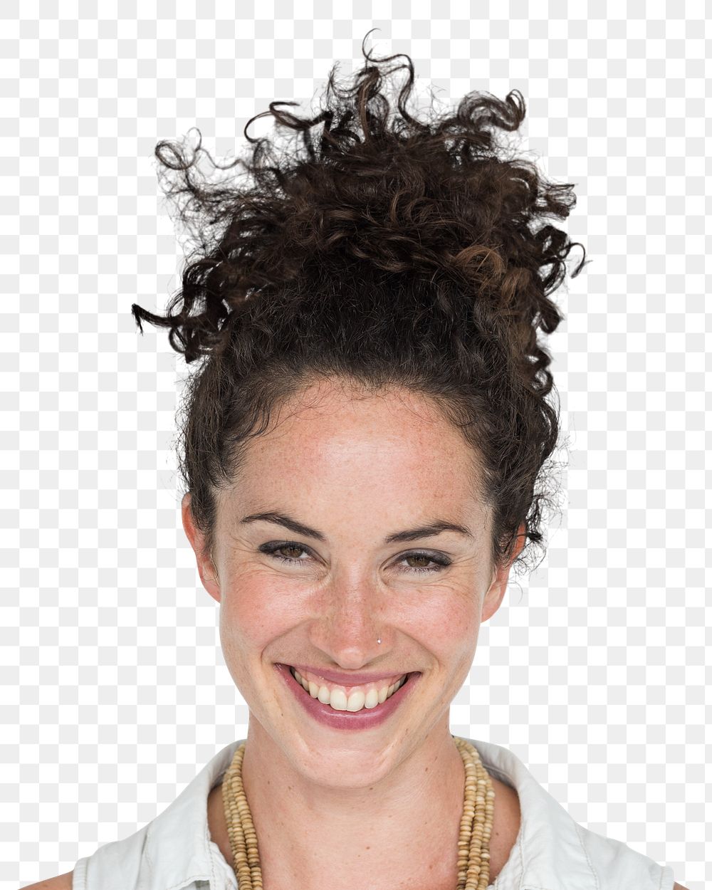 Curly haired woman png transparent, smiling face portrait
