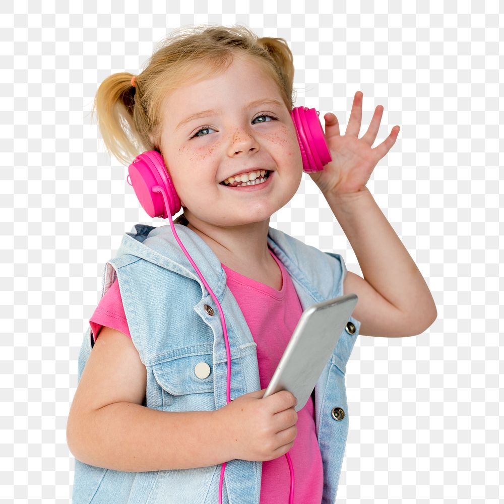Cute little girl wearing pink headphones transparent png