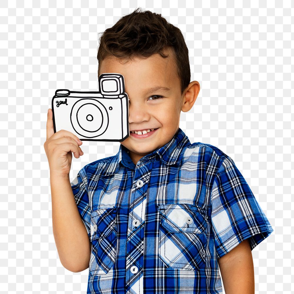 Happy boy holding a paper camera transparent png