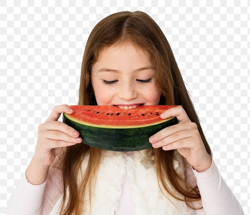 Happy girl eating a watermelon transparent png