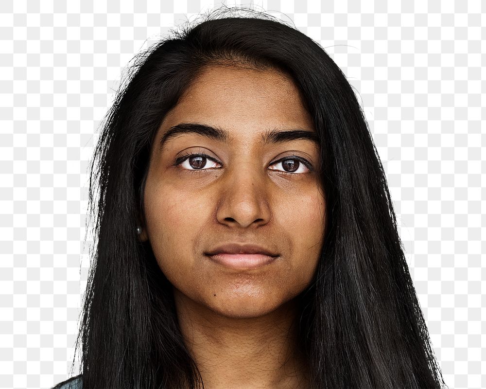 Indian young woman png transparent, face portrait close up