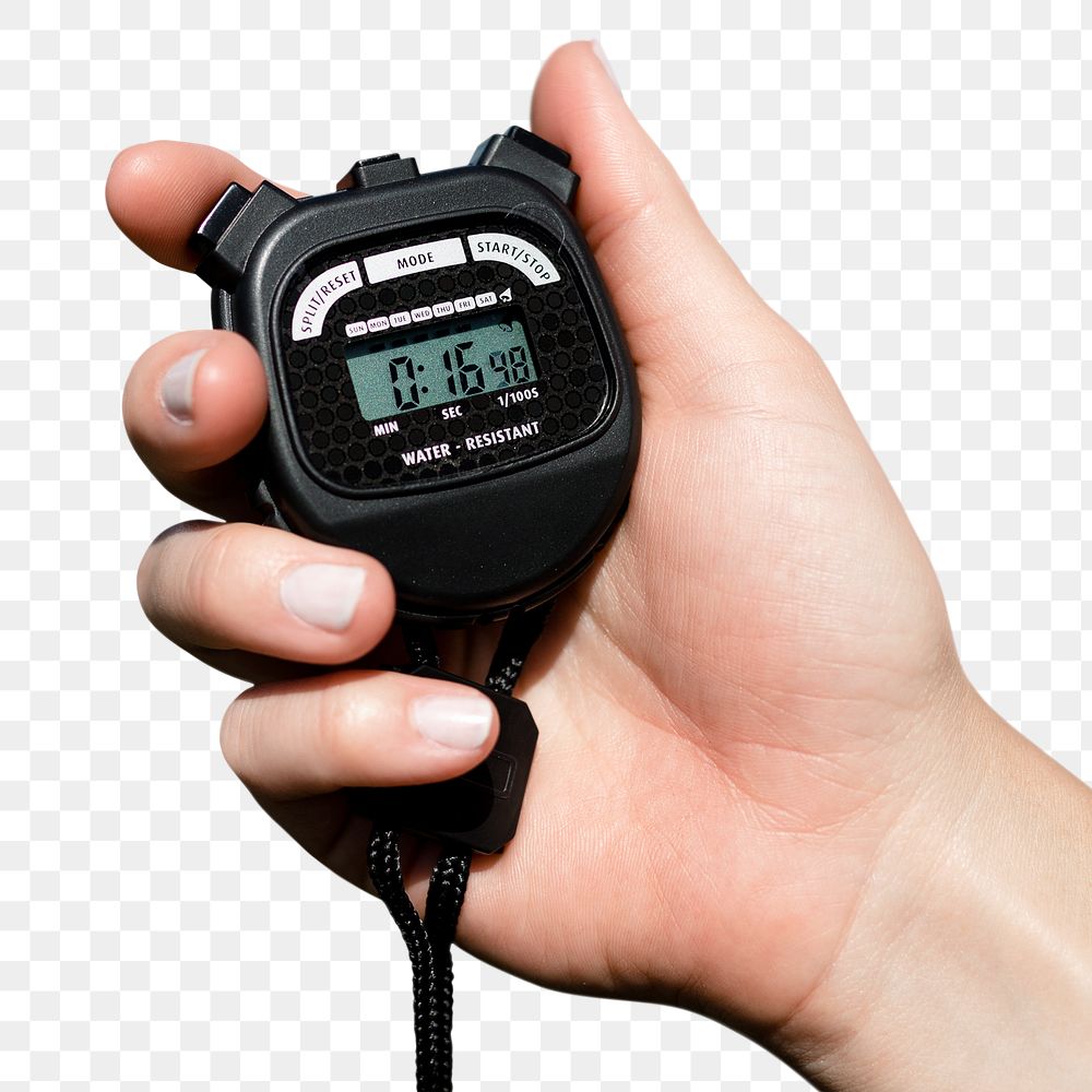 Hand holding stopwatch png on transparent background 