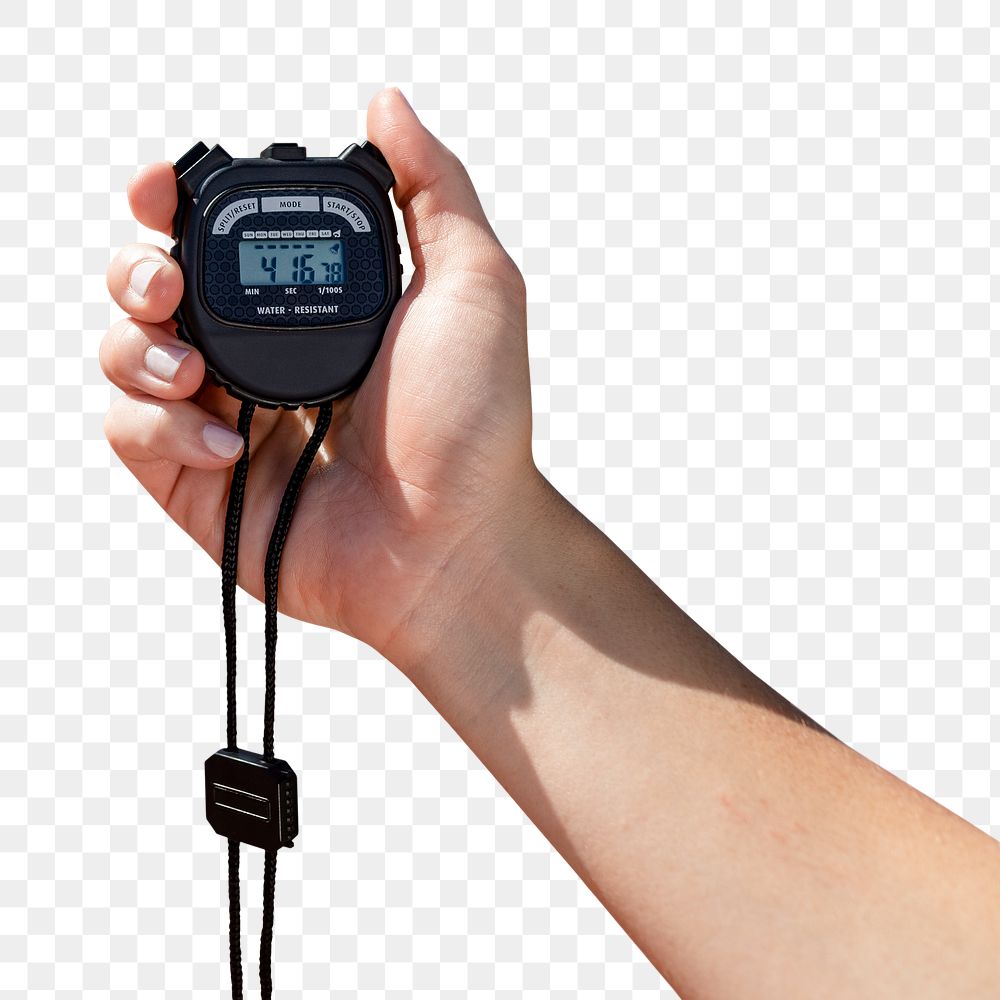 Hand holding stopwatch png on transparent background 