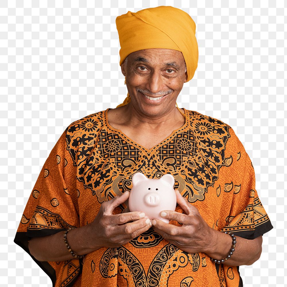 Happy mixed Indian man holding a piggy bank mockup 