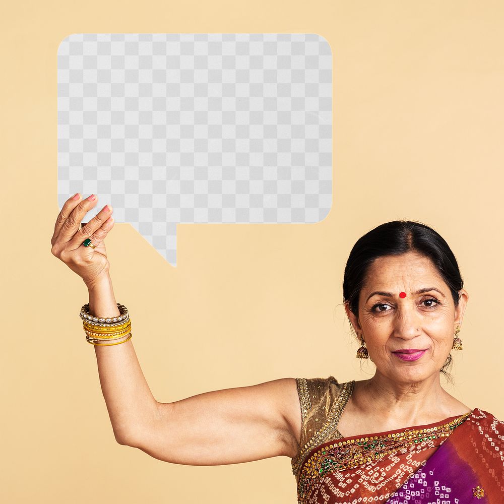 Indian woman holding a speech bubble mockup