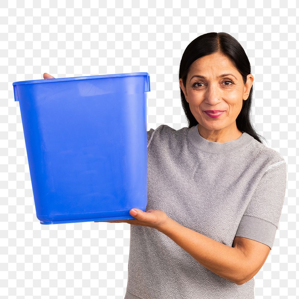 Senior Indian woman holding an empty blue container mockup 