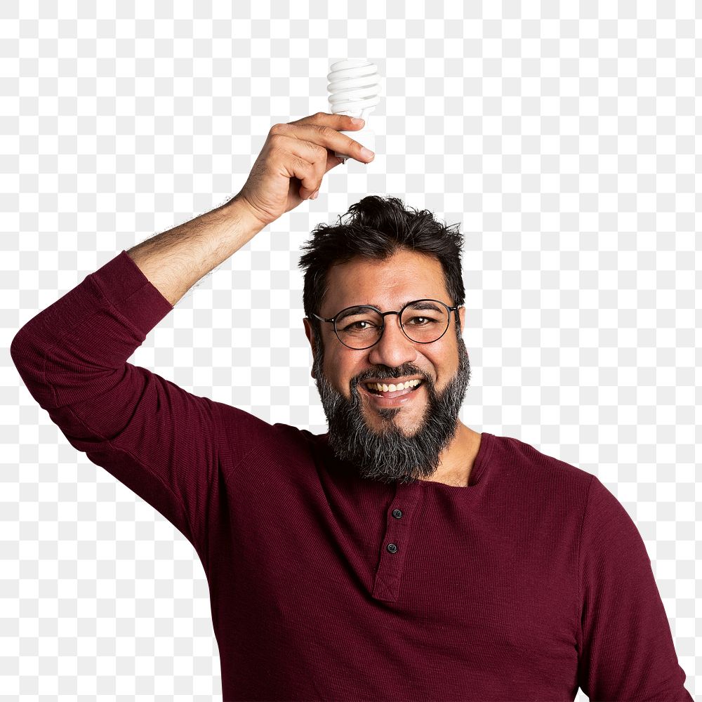 Happy Indian man holding a light bulb mockup