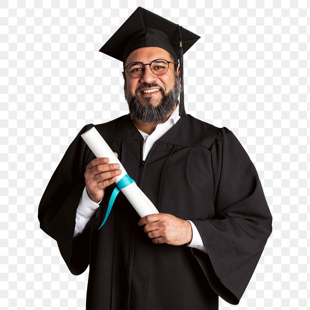Happy Indian senior man in a graduation gown holding his master's degree mockup