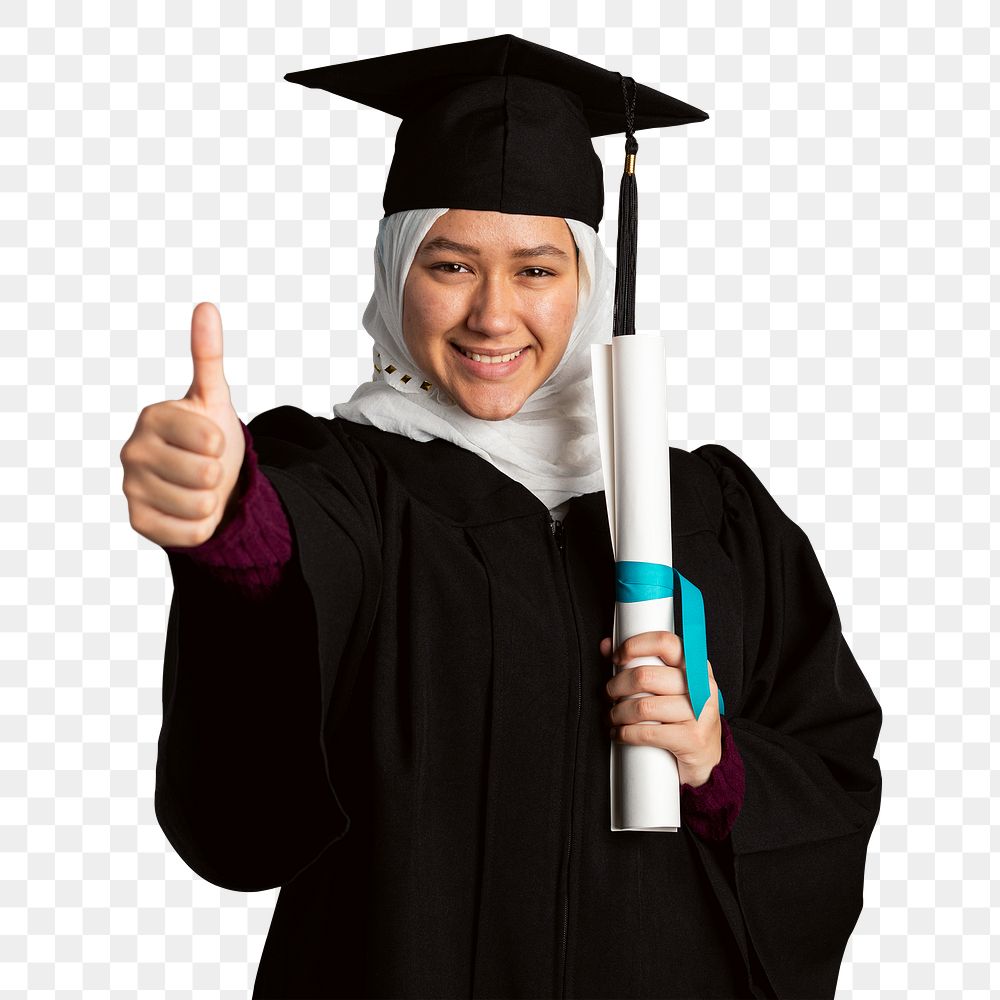 Muslim woman in a graduation gown holding her diploma mockup 