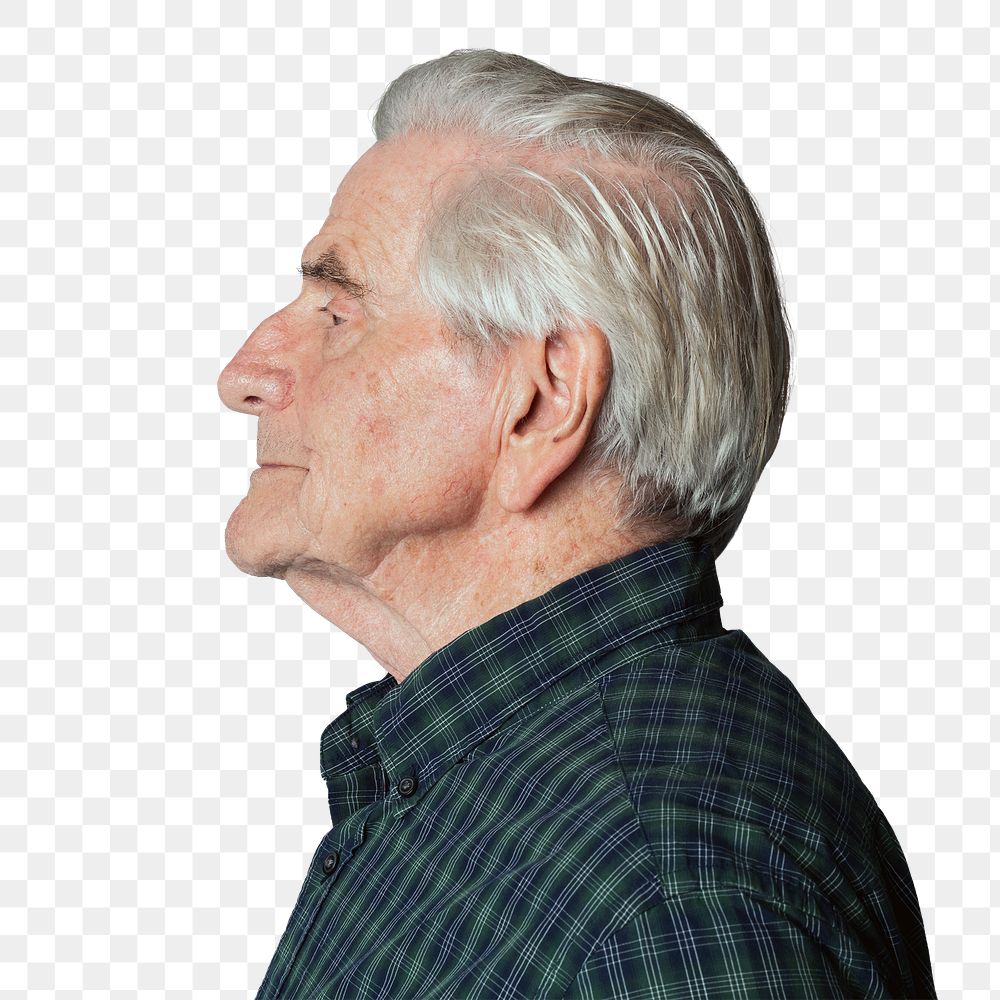 Senior man wearing a tartan shirt in a profile shot overlay