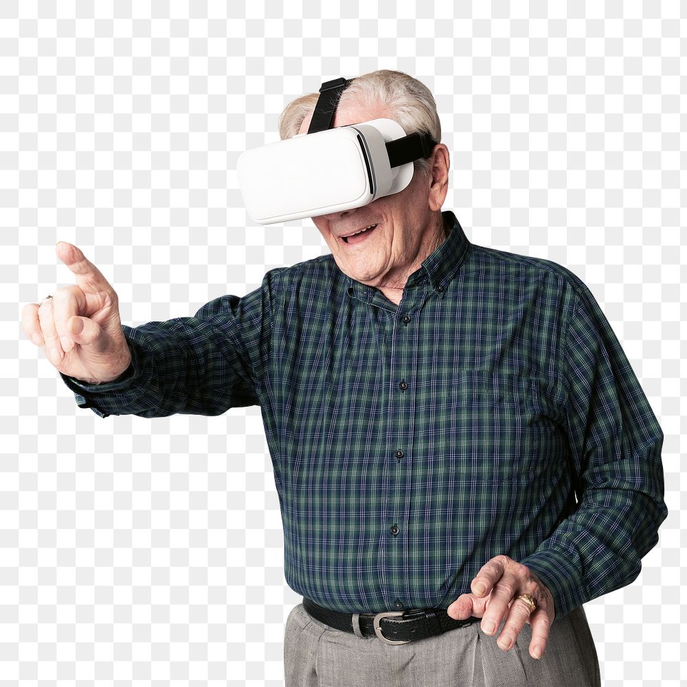 Cheerful senior man wearing virtual reality goggles overlay