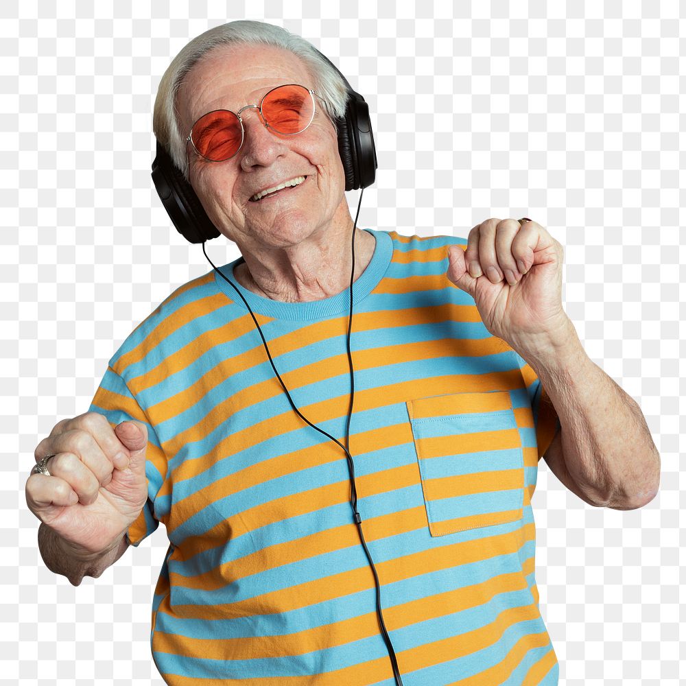 Happy senior man dancing while listening to music with headphones overlay