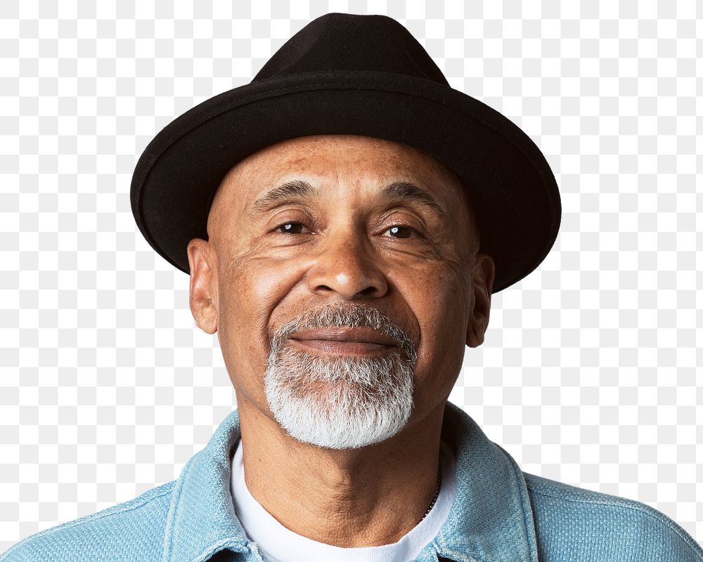 Senior man png transparent, wearing bowler hat portrait