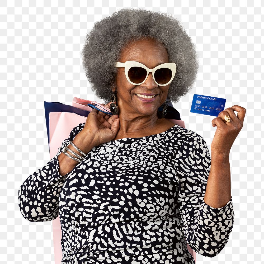 Cheerful black senior woman with shopping bags and a credit card mockup