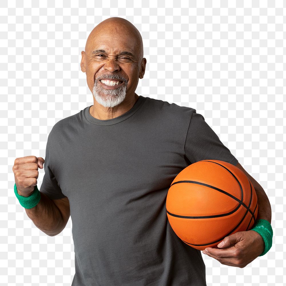 Happy senior man holding a basketball mockup 