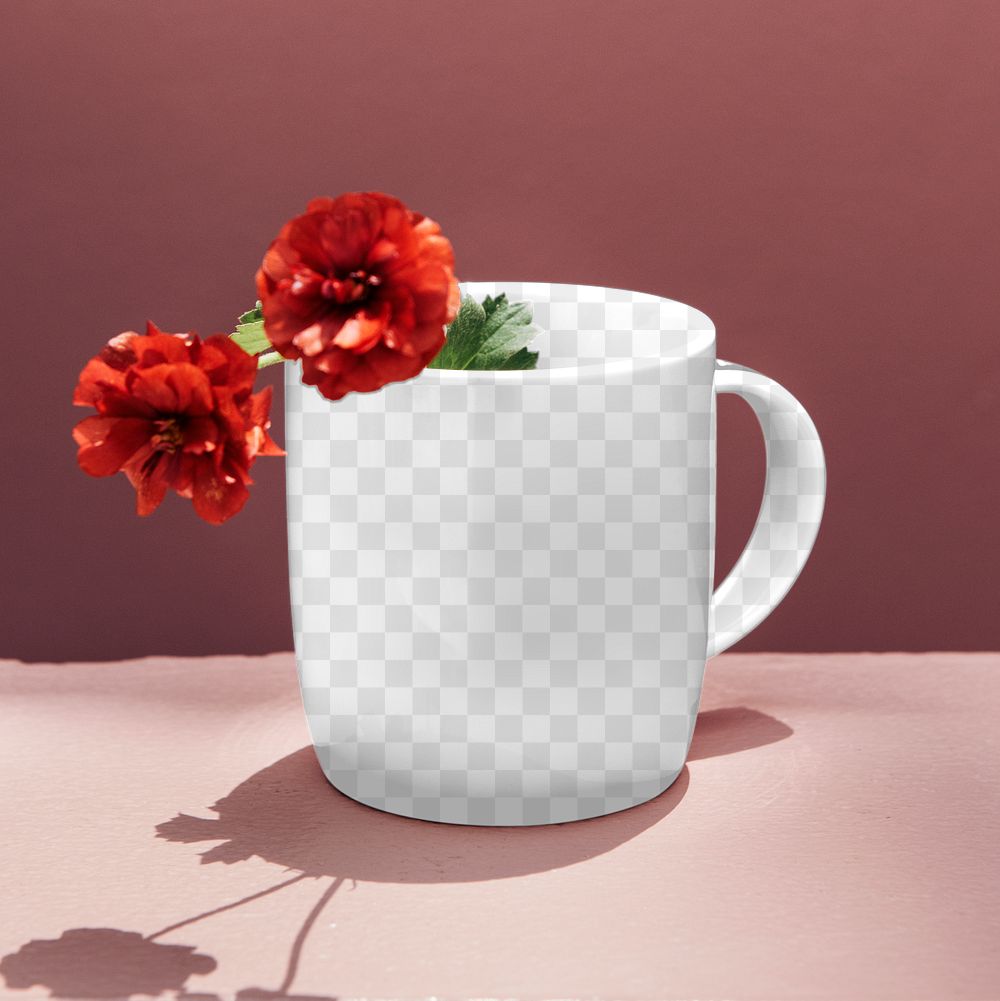 Ceramic cup png mockup, containing red flowers inside