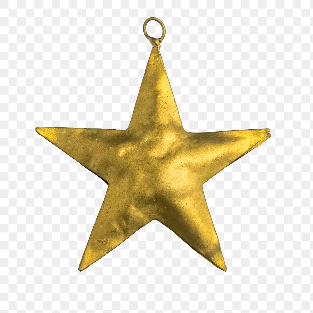A gold star Christmas ornament on transparent