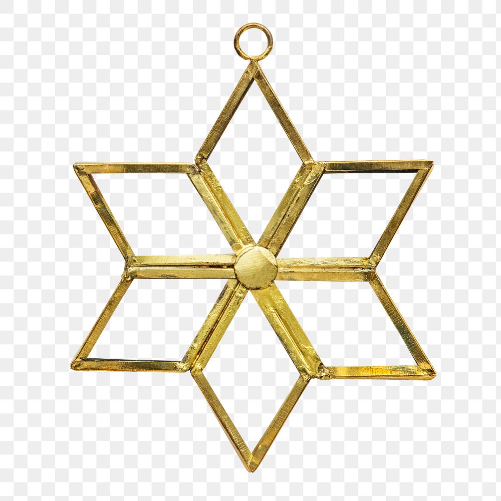 A gold wire star Christmas ornament on transparent