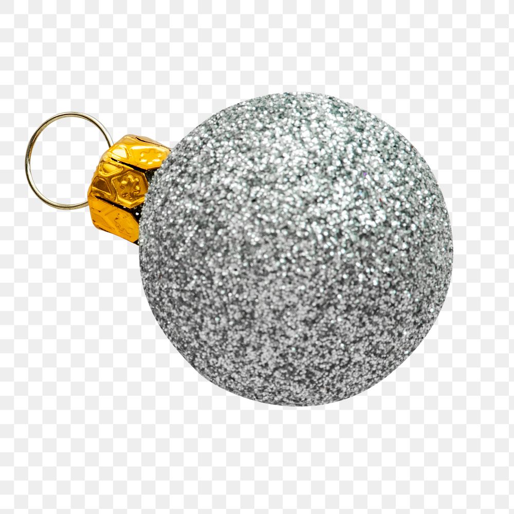 A glitter silver ball Christmas ornament on transparent
