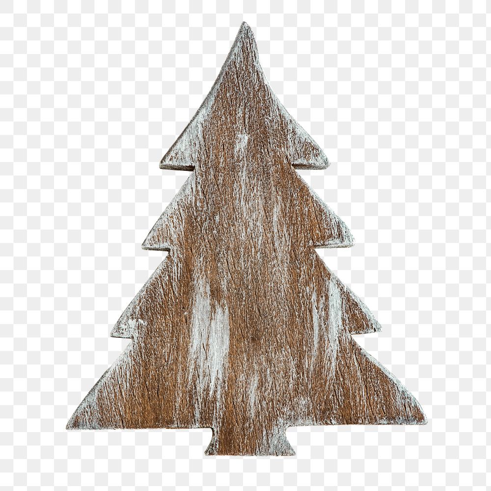 A Christmas wooden tree ornament on transparent