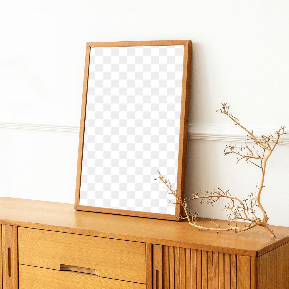 Picture frame mockup on a wooden sideboard table