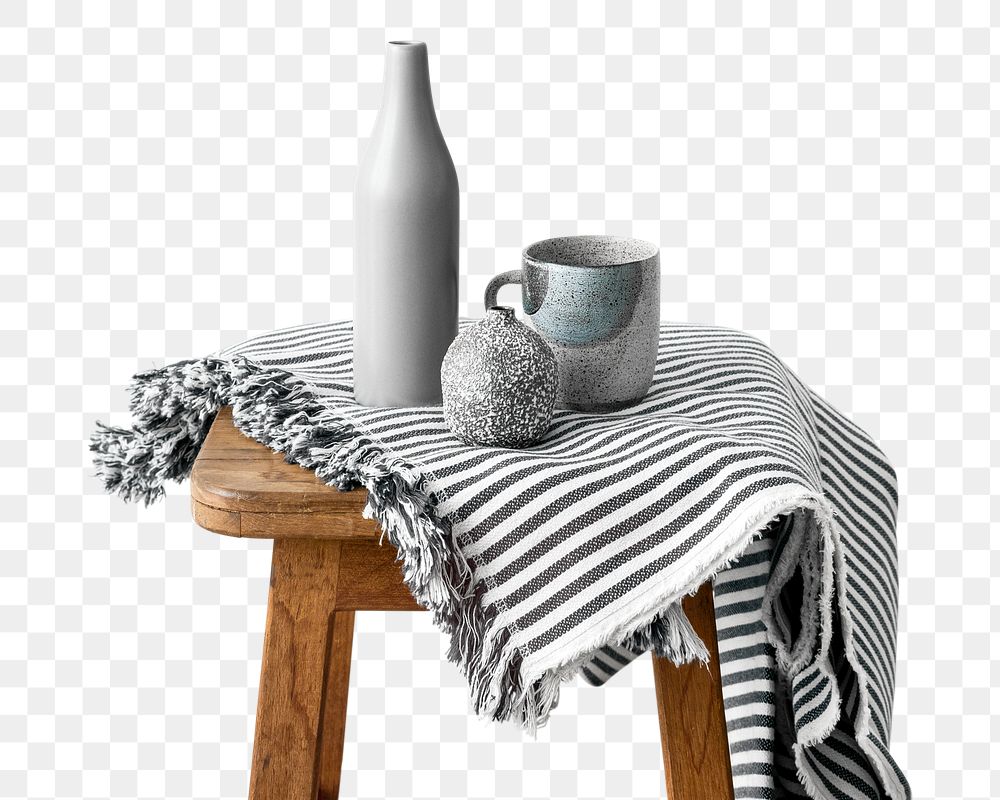 Gray ceramic vase with a mug on a wooden stool design element 