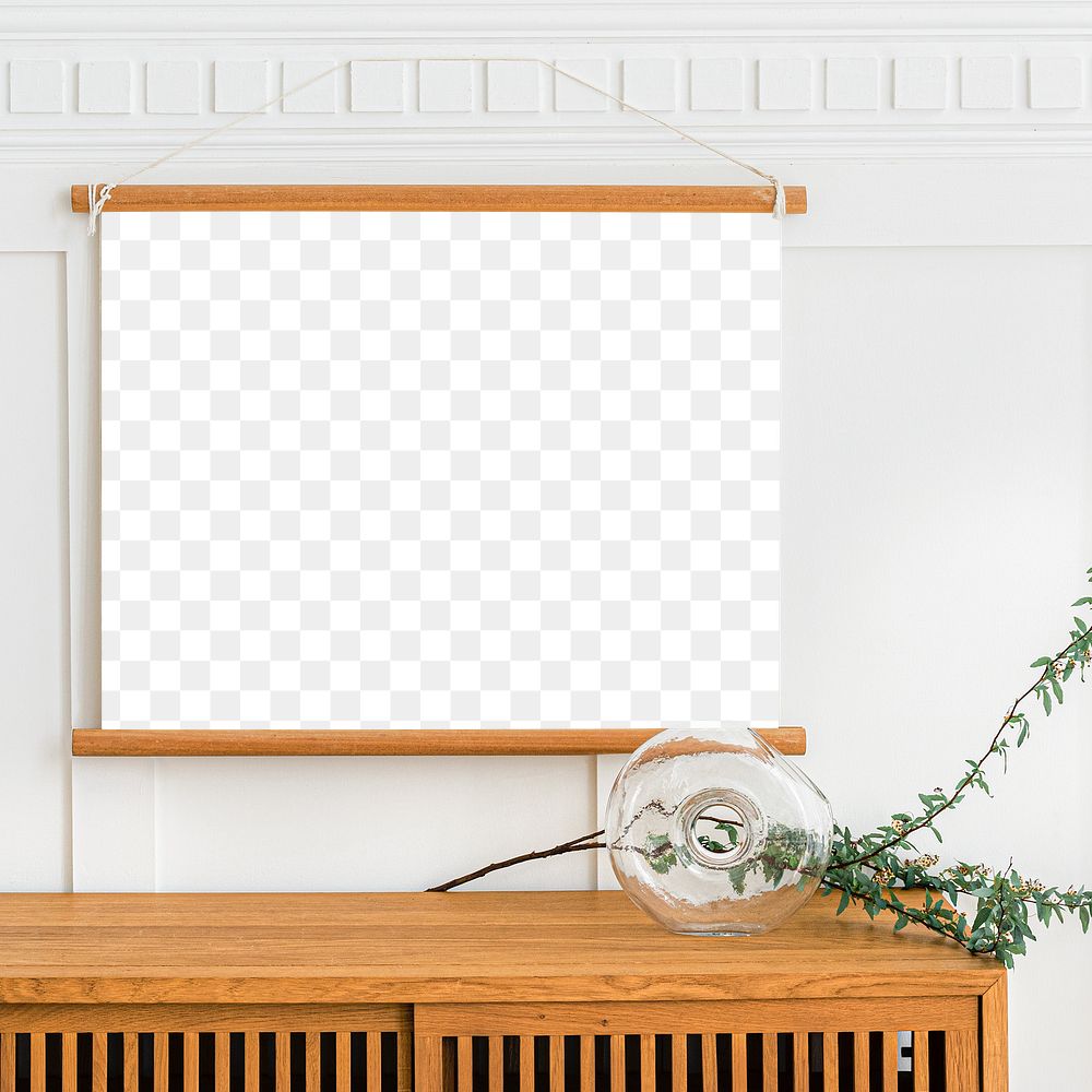 Blank frame mockup hanging above a wooden cabinet