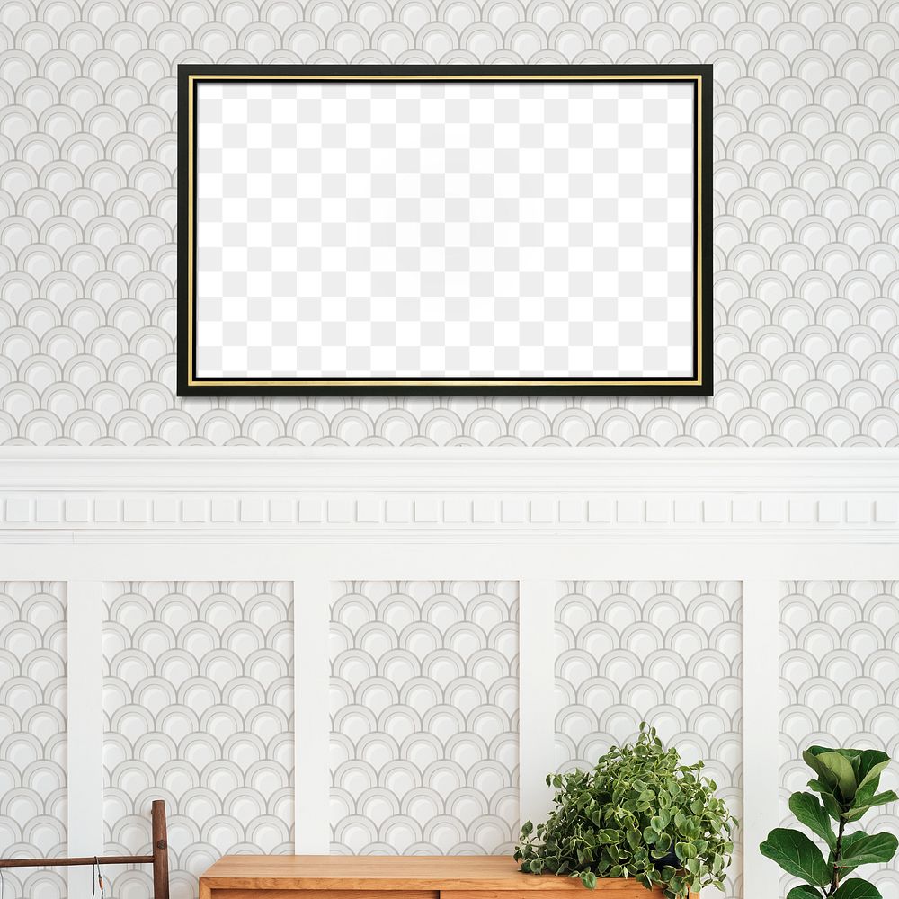 Picture frame mockup hanging on  a white and gray semicircle patterned wall