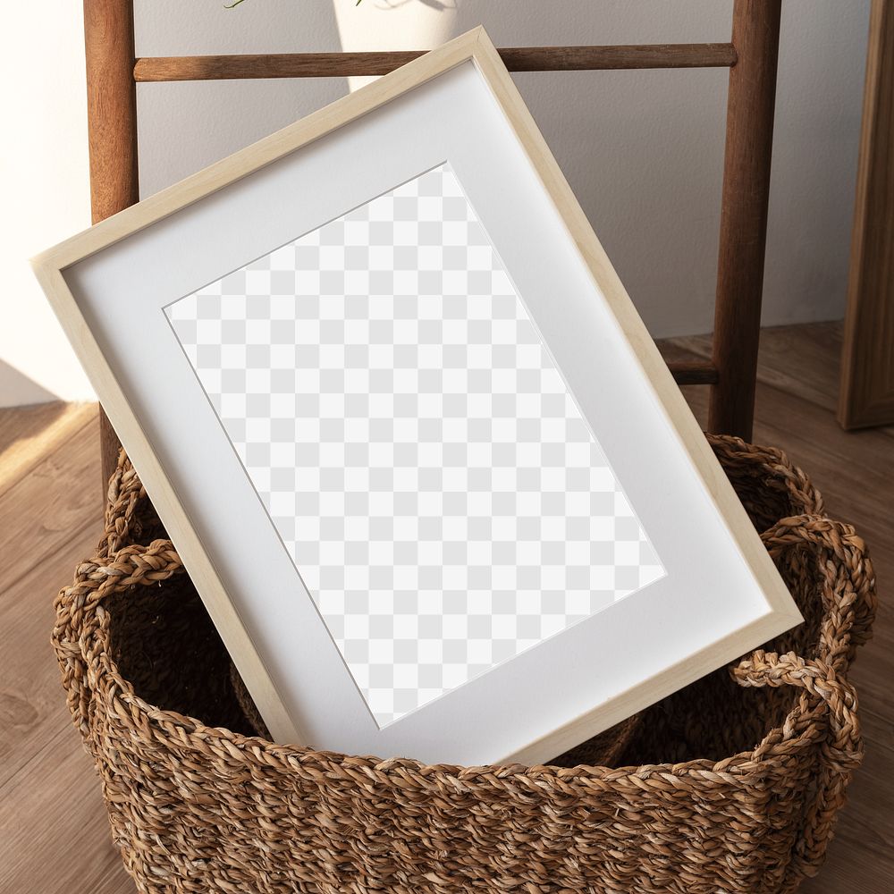 Picture frame mockup in a wicker basket 