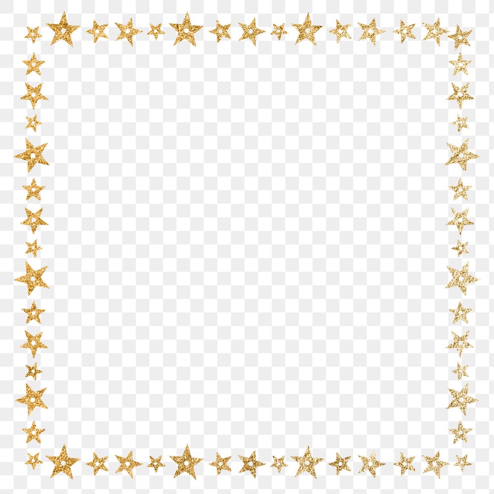 Gold sparkling star square border frame on transparent blank ground