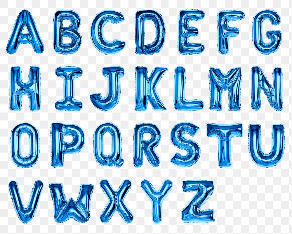 Letter png stickers, blue foil balloon alphabet set, transparent background