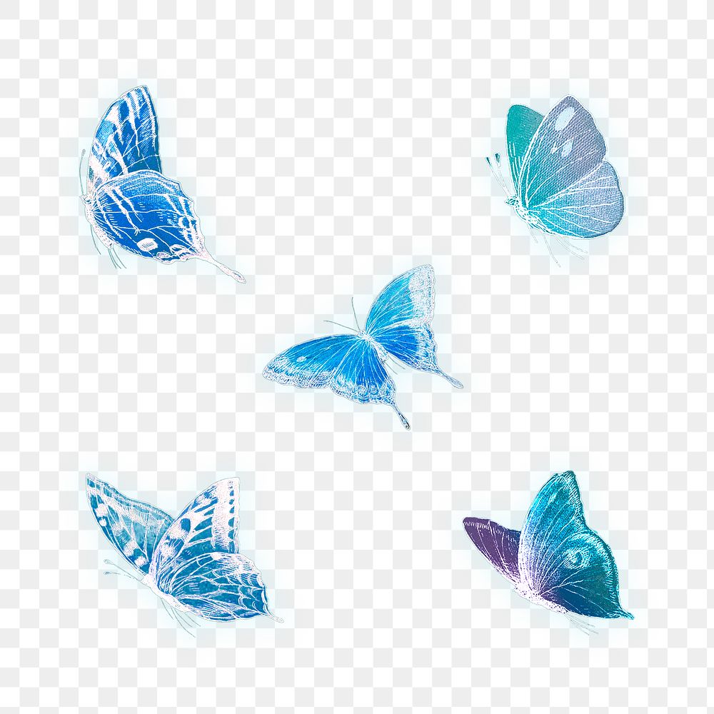 Neon blue butterfly illustrations set transparent png