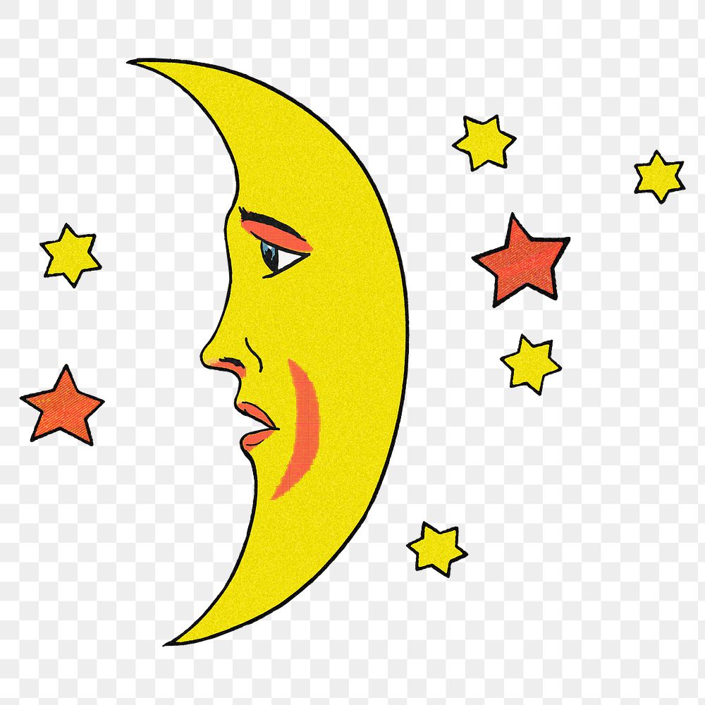 Celestial crescent moon face with stars design element