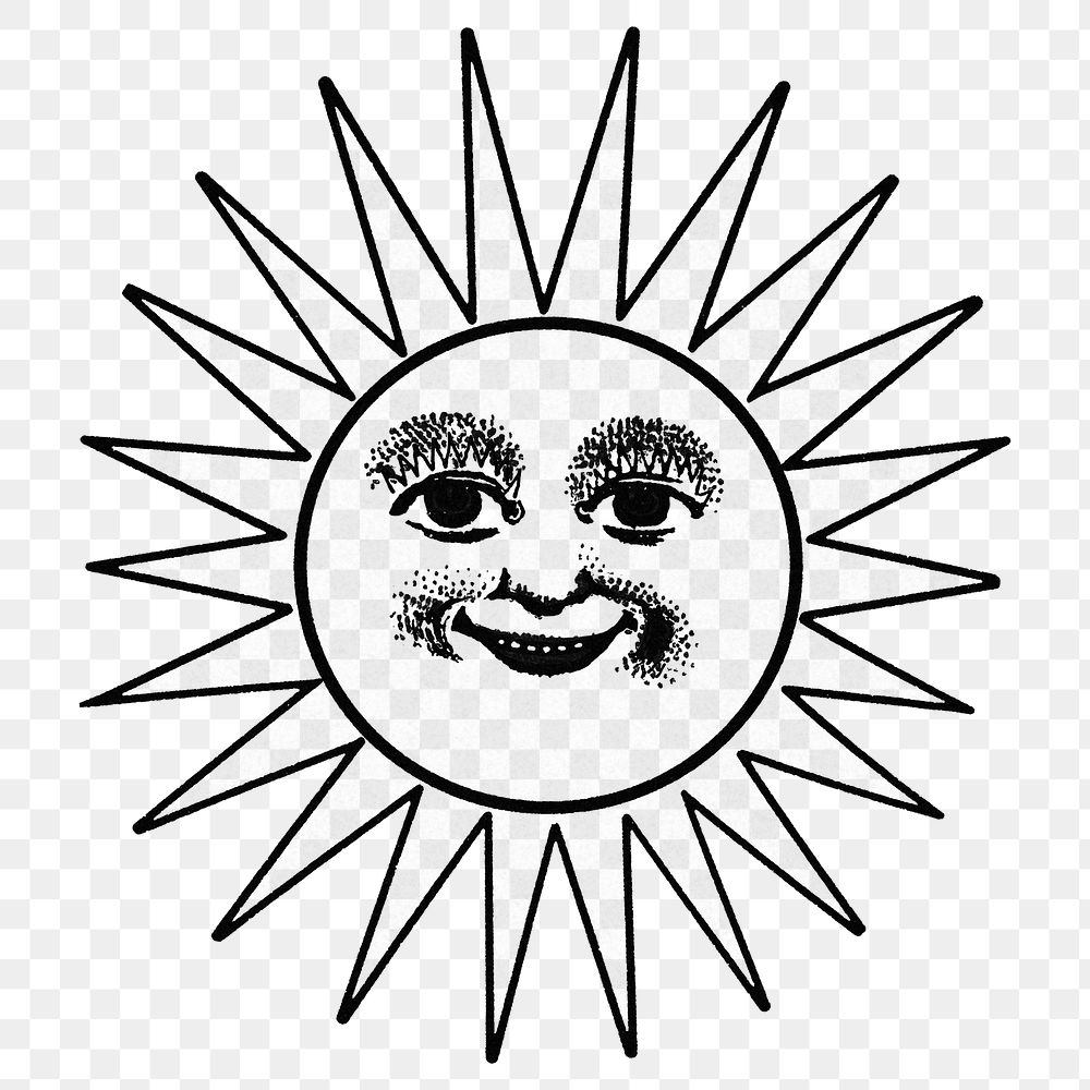 Smiling celestial sun face with ray line art in black and white design element