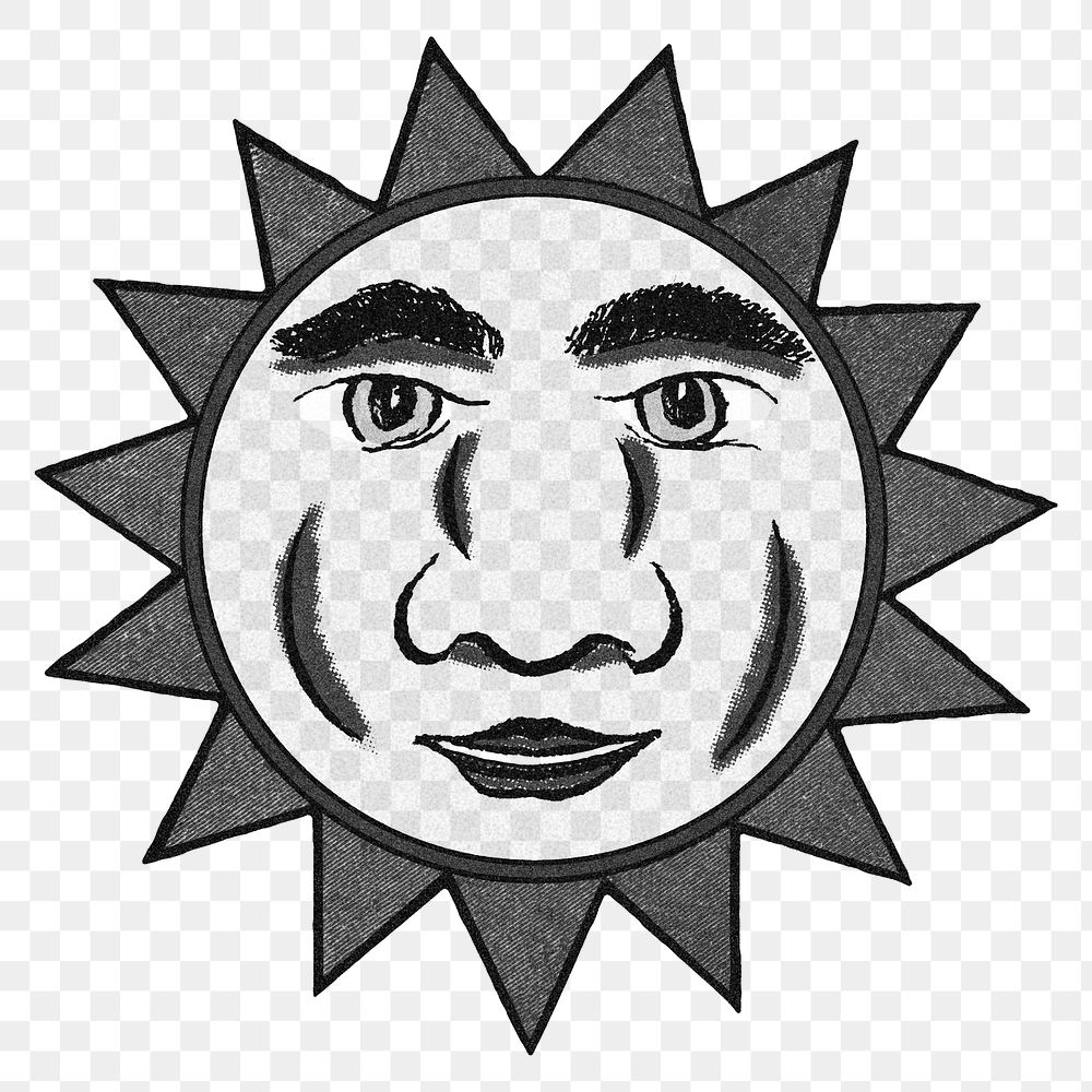 Celestial sun face with ray in black and white design element