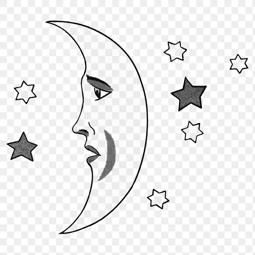 Celestial crescent moon with stars line art design element