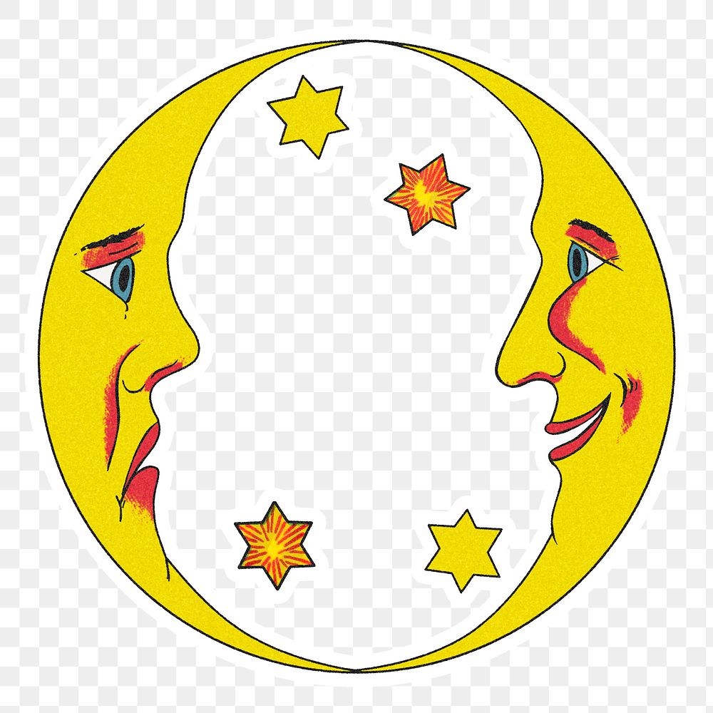 Celestial doublecrescent moon face with stars sticker with white border