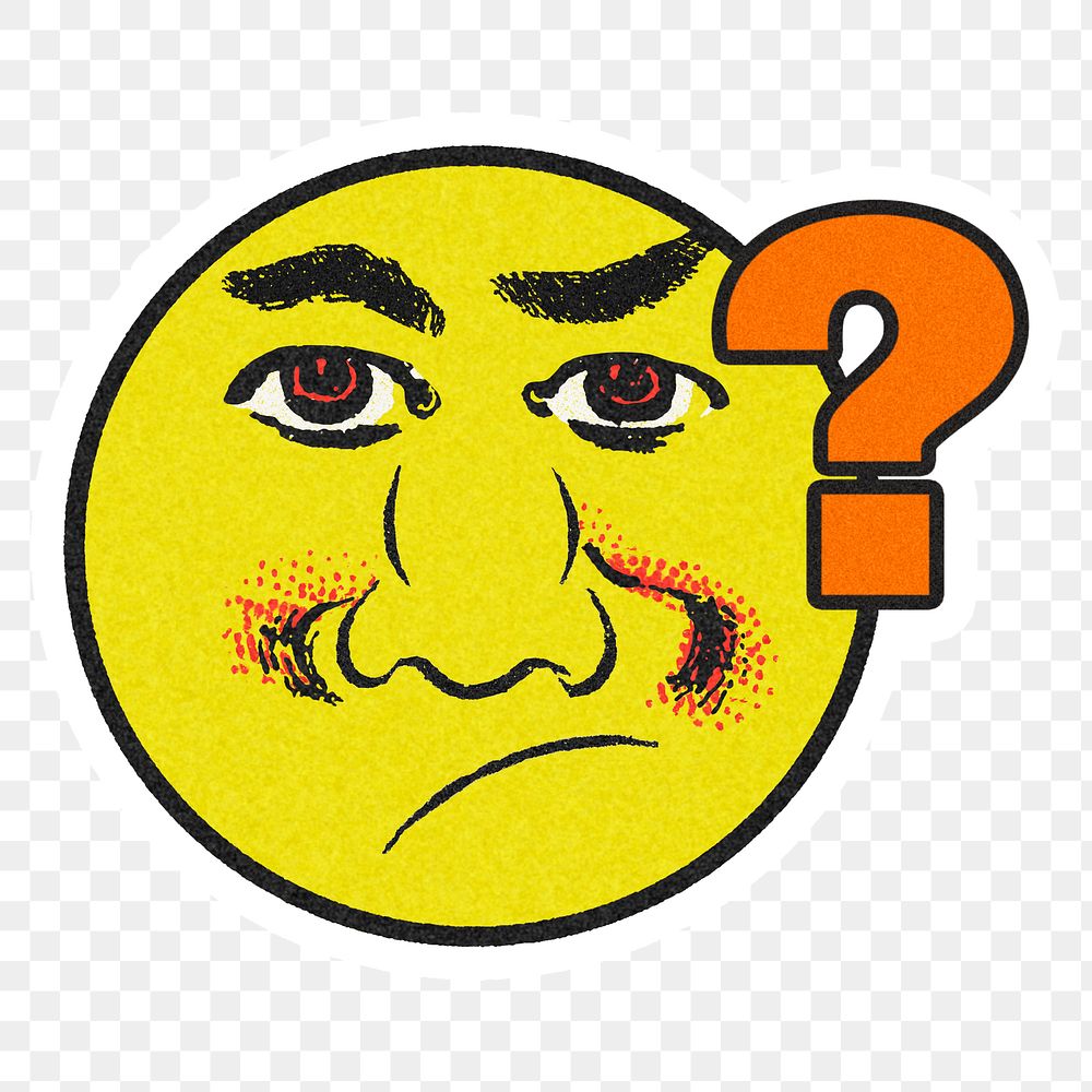 Vintage yellow round emoji with question mask sticker with white border